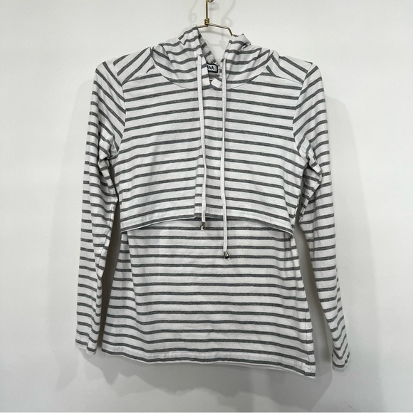 GINKANA Hooded Nursing Long Sleeve Shirt Top Size XSmall White/Gray Striped - Picture 5 of 7